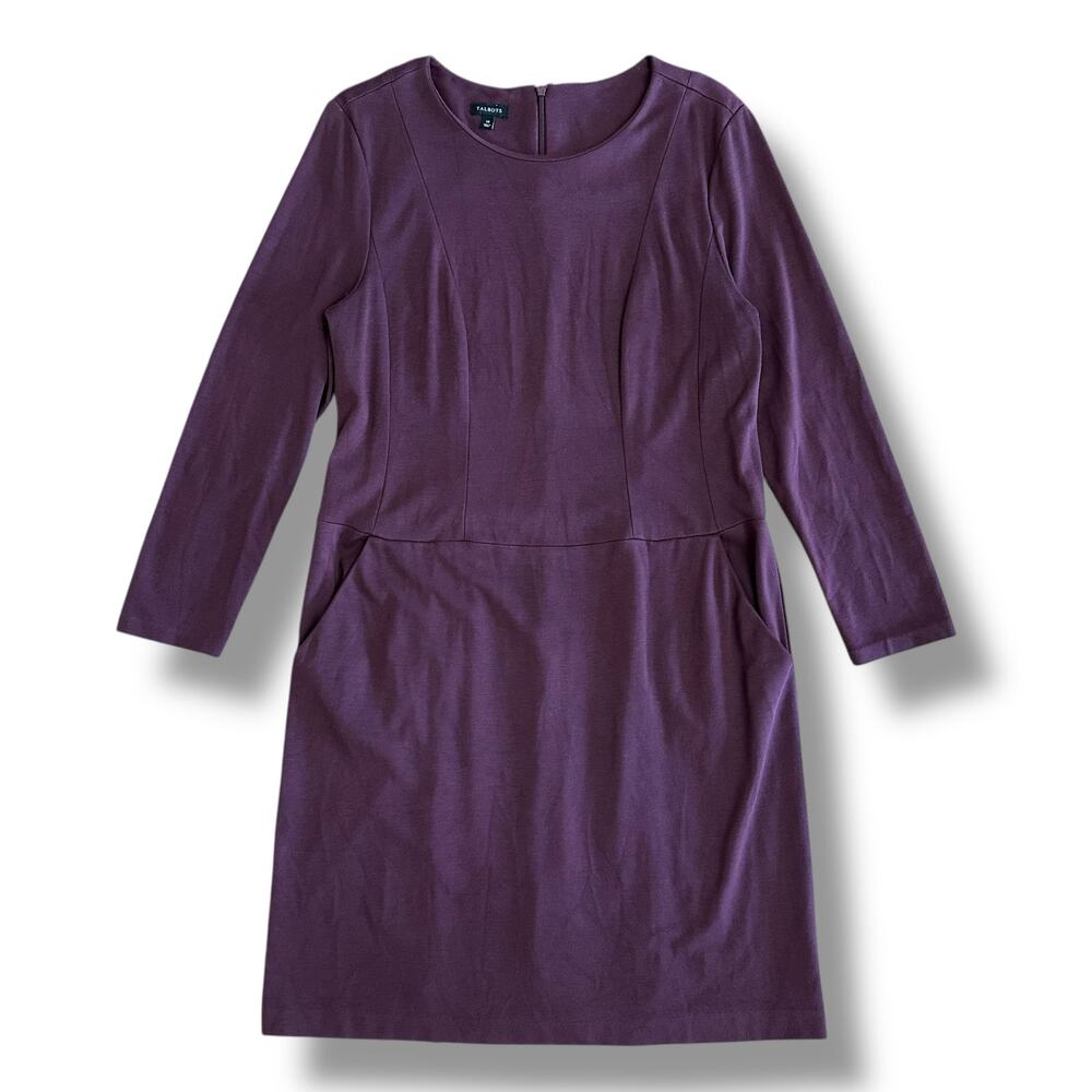 Talbots Plum Sheath Dress Size 14 Long Sleeve Stretch‎ Knit Classic Workwear